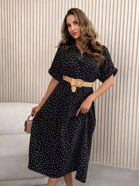 Polka Dot Shirt Dress with Raffia Belt