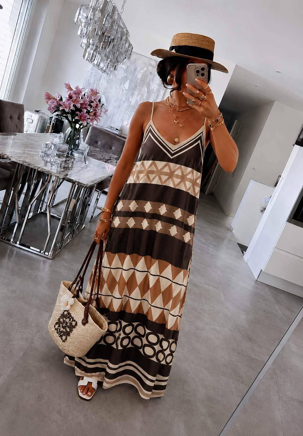 Flowing bohemian dress with geometric print