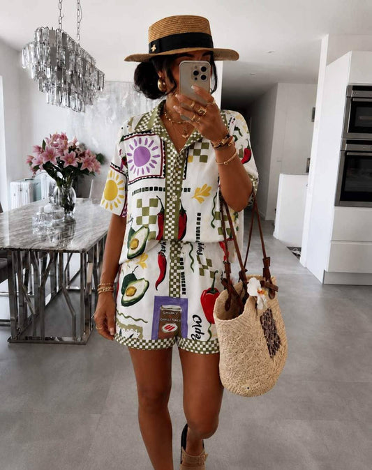 Italian Colorful Printed Shirt & Shorts Set Summer