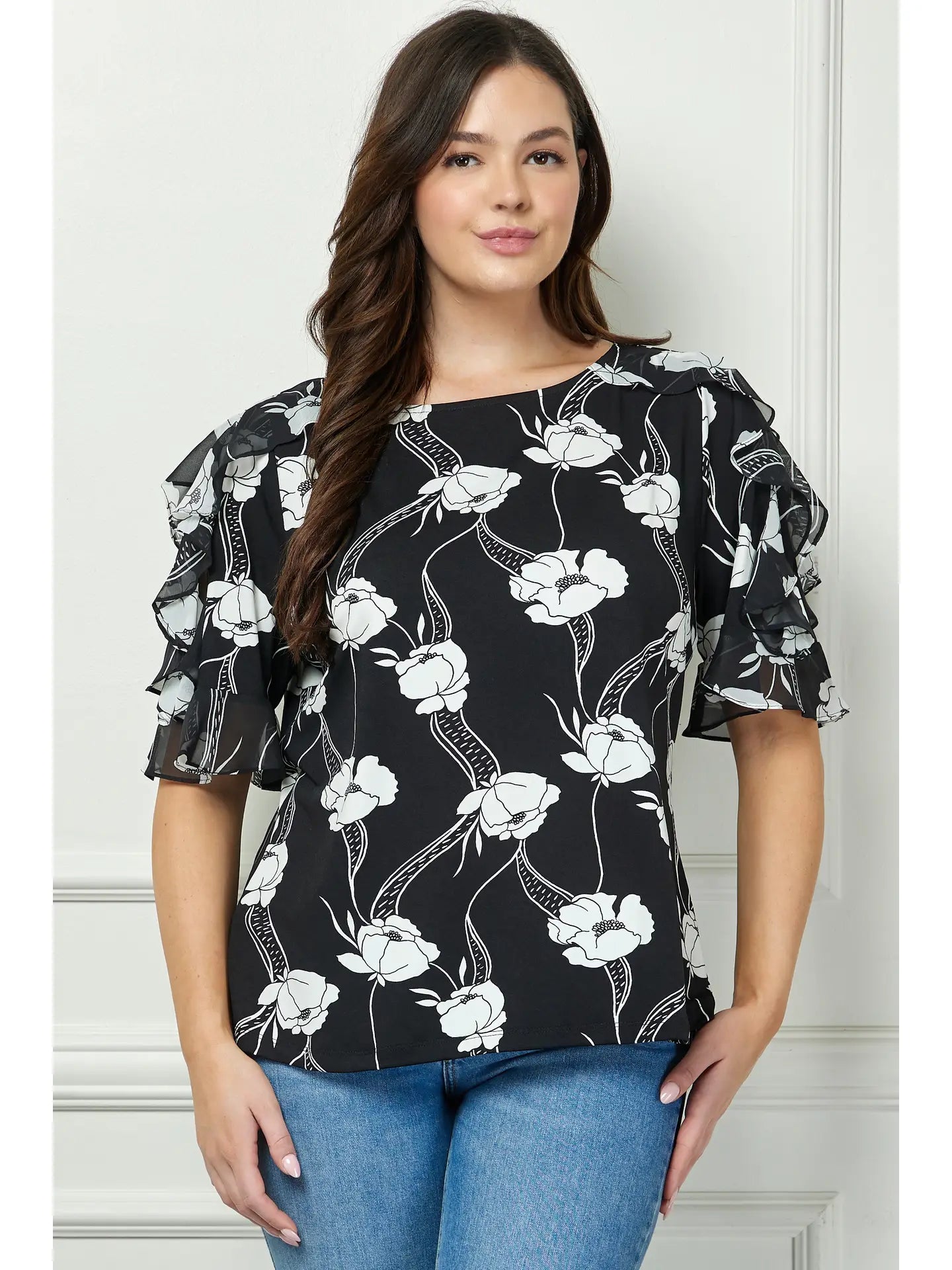 Boat neck ruffle blouse