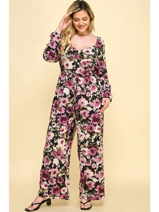 Plus Size Long Sleeve Floral Jumpsuit