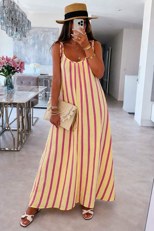 Italian Long Striped Cotton Gauze Spaghetti-Strap Dress