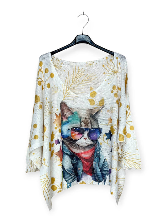 Italian cat with sunglasses Printed knit sweater with V-neck