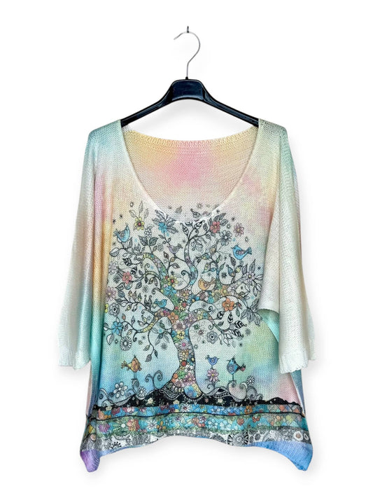 Italian Printed tree knit pullover with V-neck