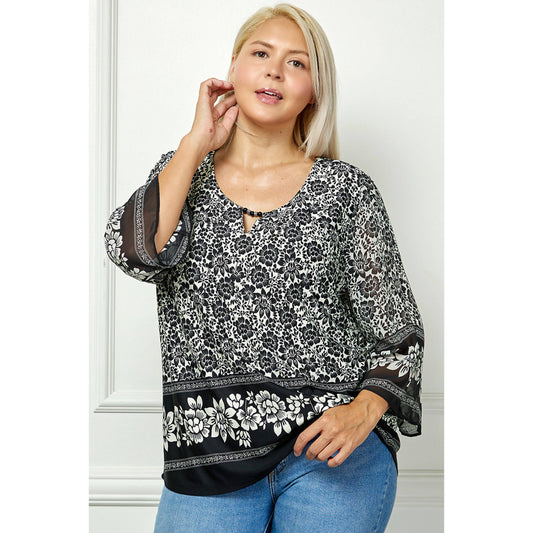 PLUS SIZE BLOOMING GRACE FLORAL JEWEL NECK BLOUSE