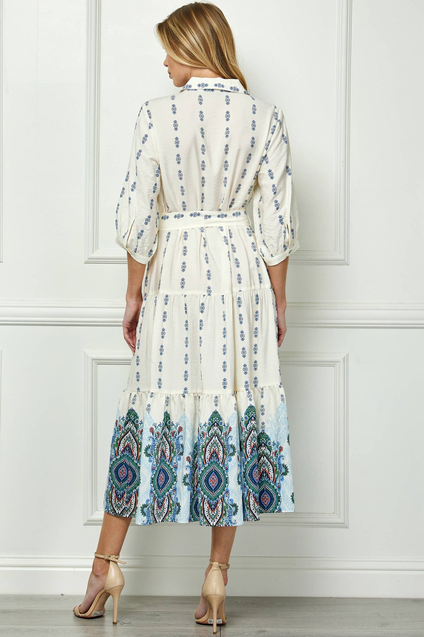  IVORY BLUE ETHNIC MOTIFS PRINT DRESS 