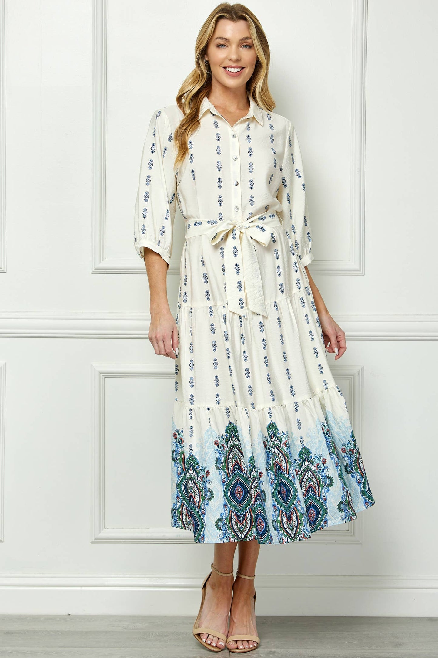  IVORY BLUE ETHNIC MOTIFS PRINT DRESS 