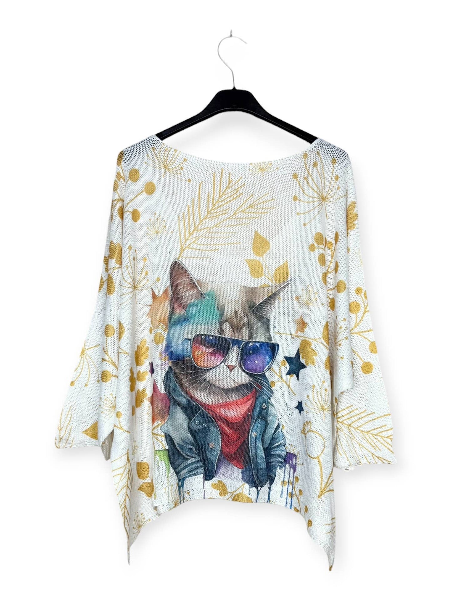 Italian cat with sunglasses Printed knit sweater with V-neck