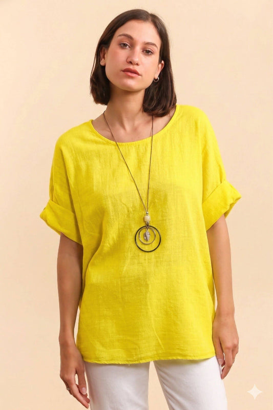 Lightweight solid cotton top with necklace