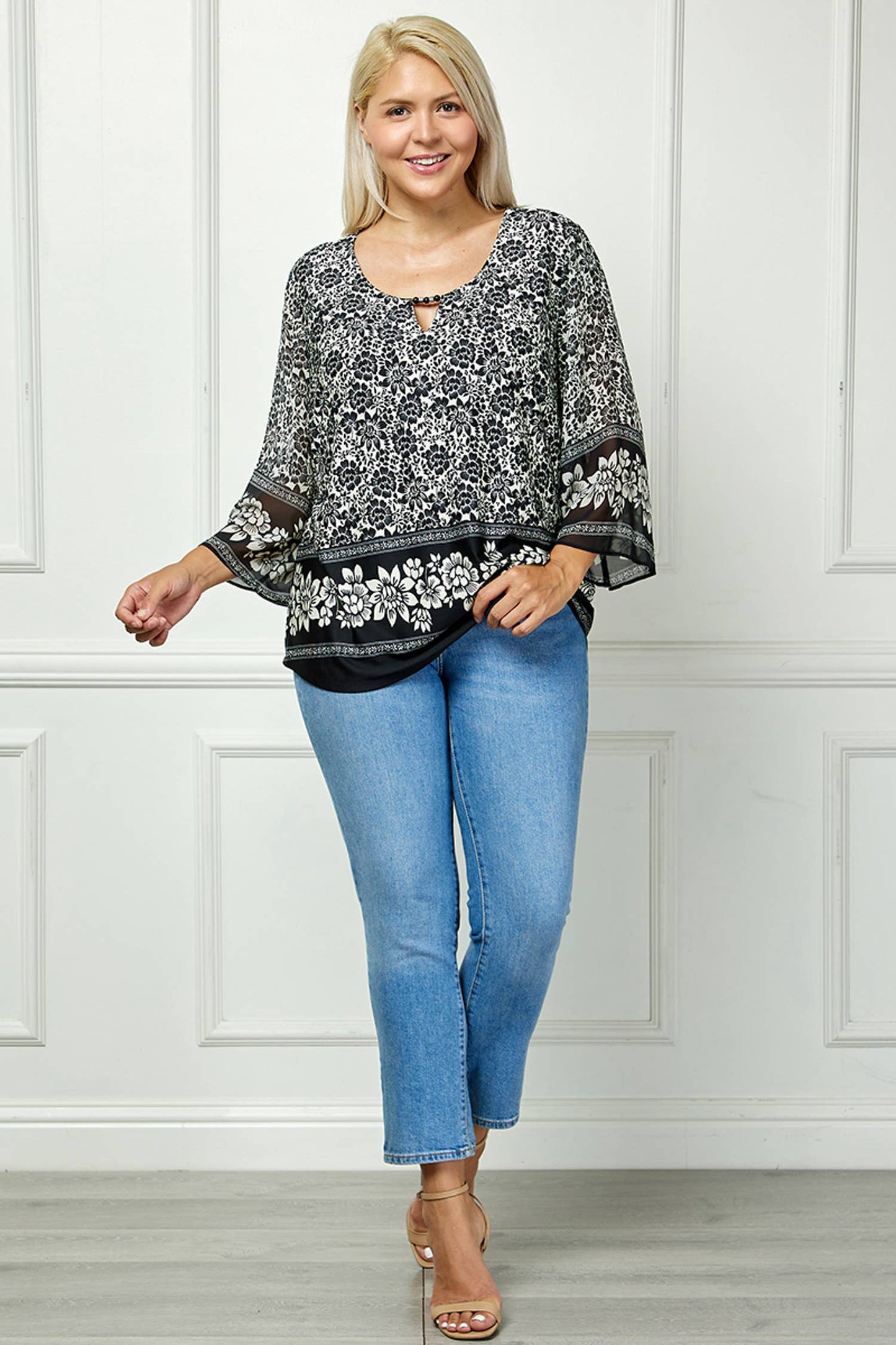 PLUS SIZE BLOOMING GRACE FLORAL JEWEL NECK BLOUSE