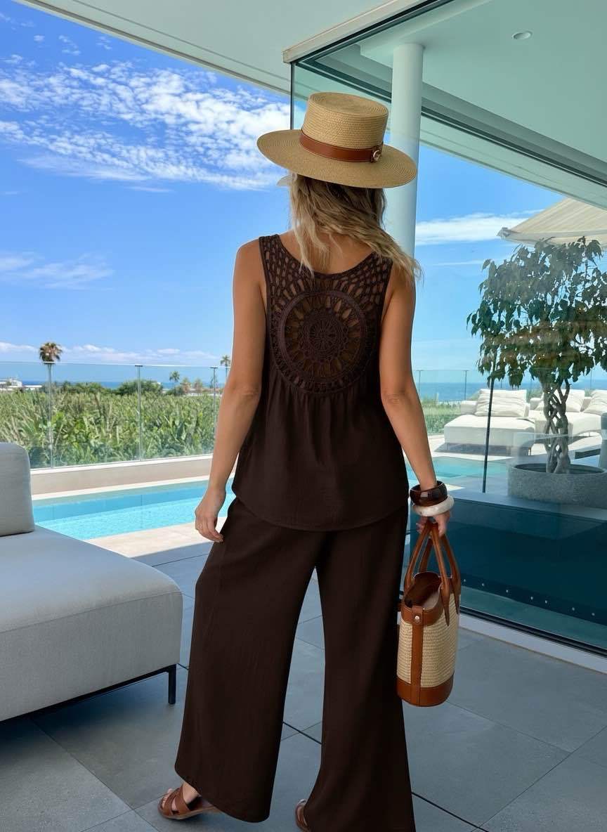Italian Bohemian Chic Set Lace Tank Top & Flowy Pants