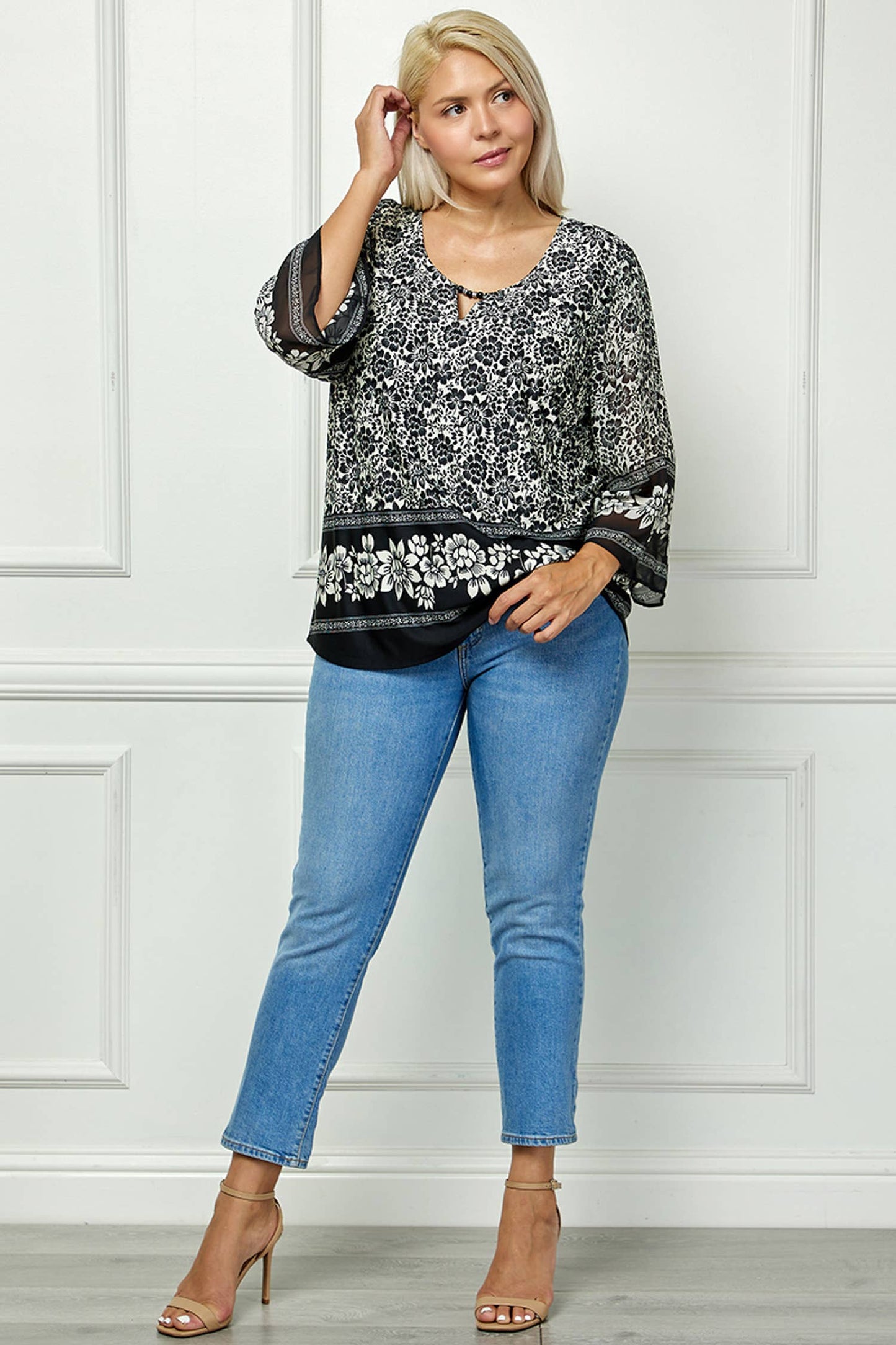 PLUS SIZE BLOOMING GRACE FLORAL JEWEL NECK BLOUSE