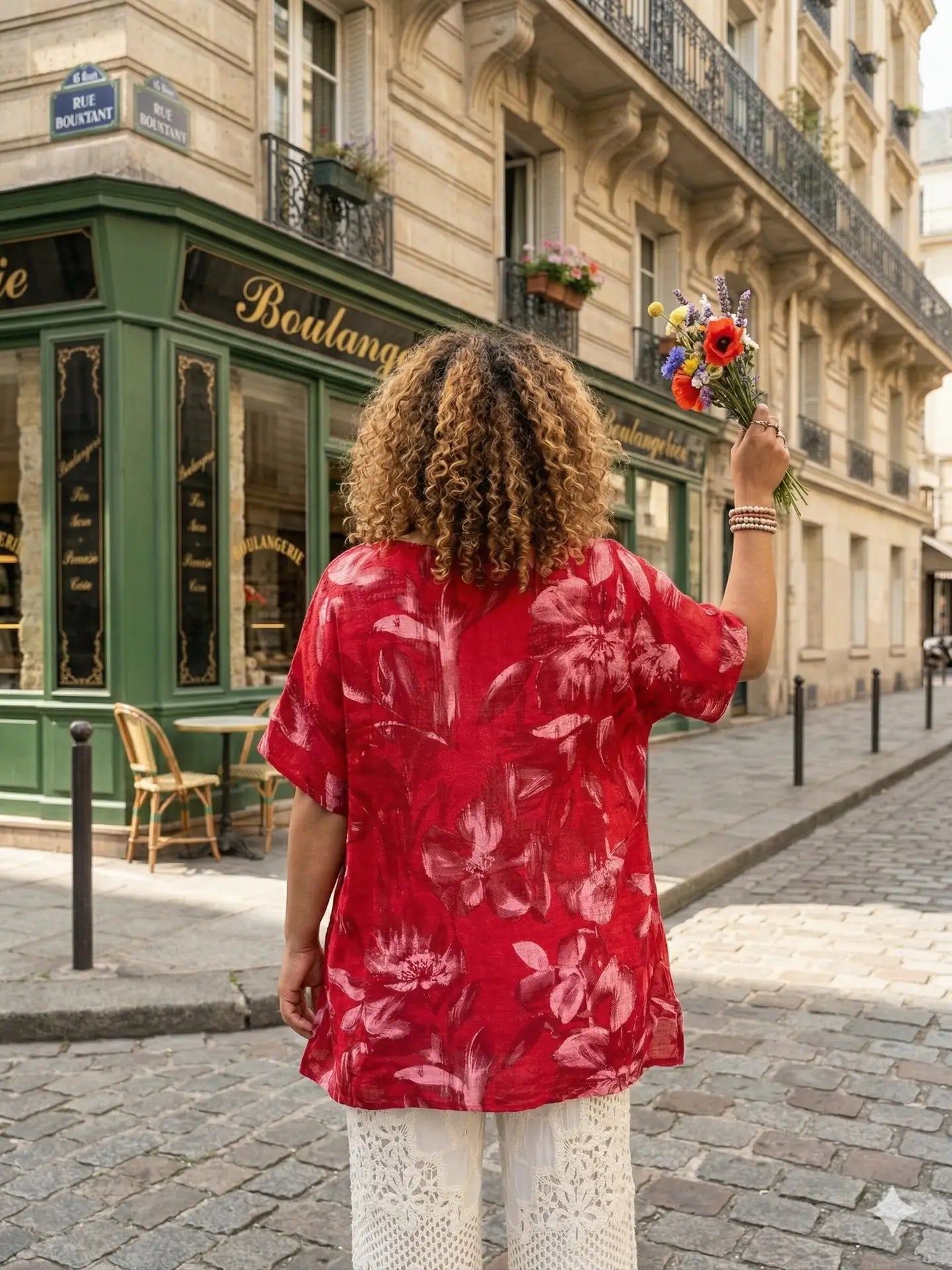Cotton Blouse with Floral Pattern, Two Pockets Italian