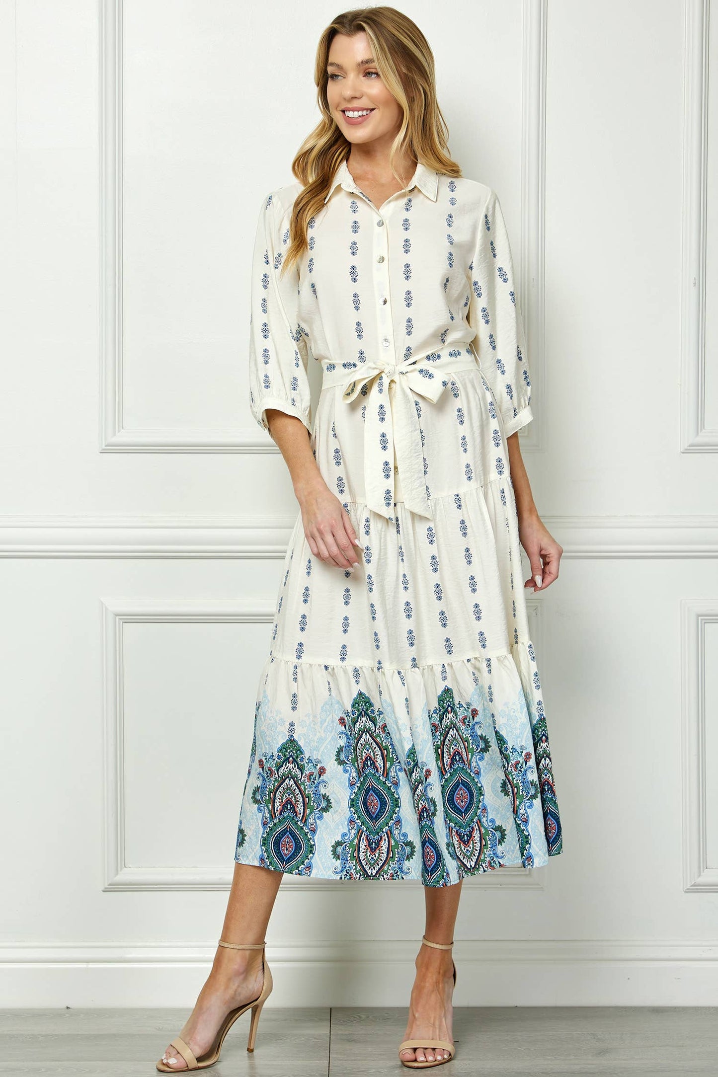  IVORY BLUE ETHNIC MOTIFS PRINT DRESS 