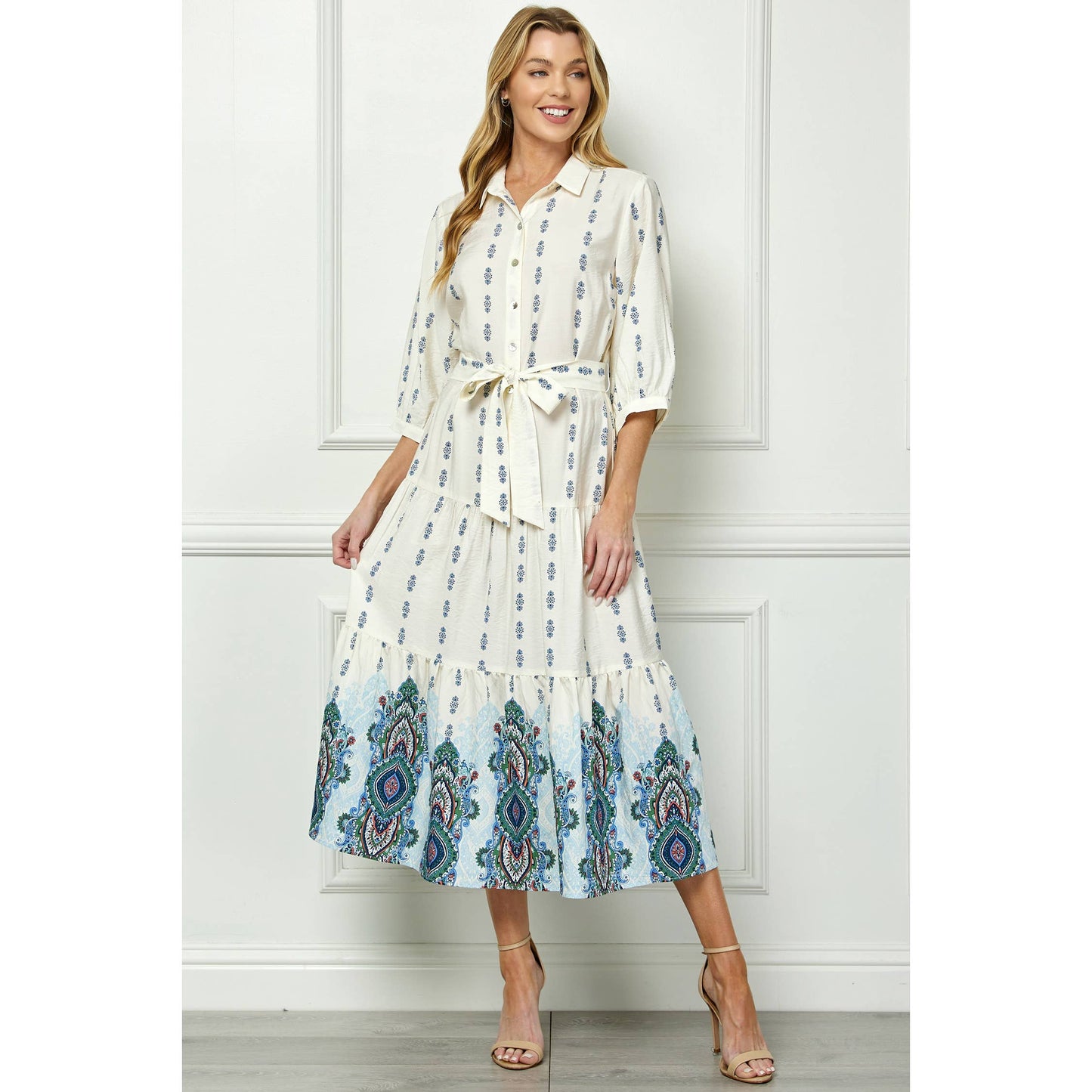  IVORY BLUE ETHNIC MOTIFS PRINT DRESS 