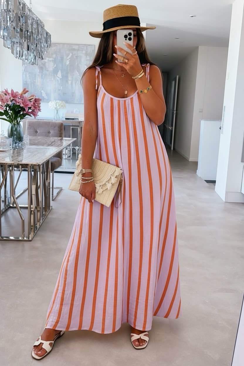 Italian Long Striped Cotton Gauze Spaghetti-Strap Dress