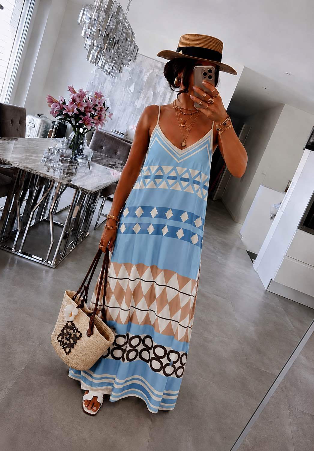 Flowing bohemian dress with geometric print