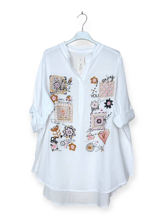 Italian Lightweight white printed blouse, 3/4 sleeves
