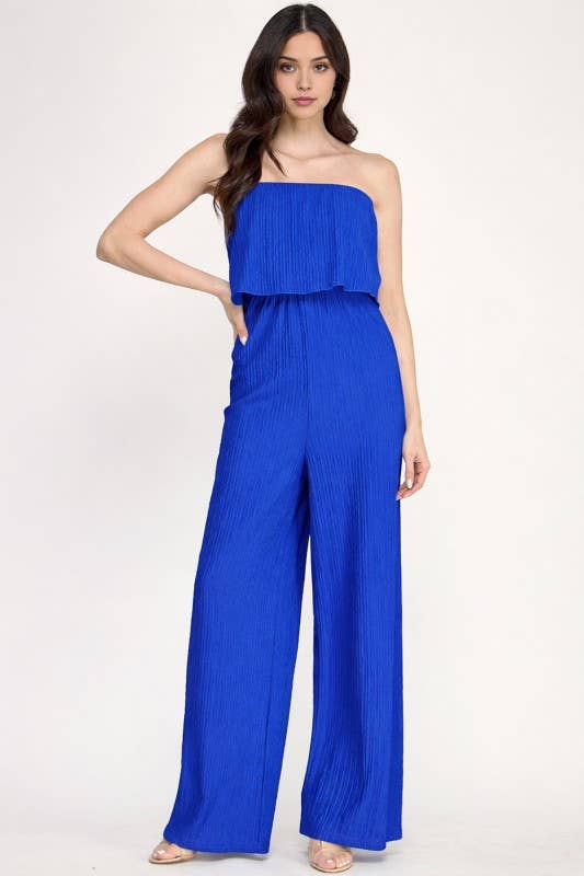 HK903 CRINKLE OFF SHOULDER  JUMPSUITS