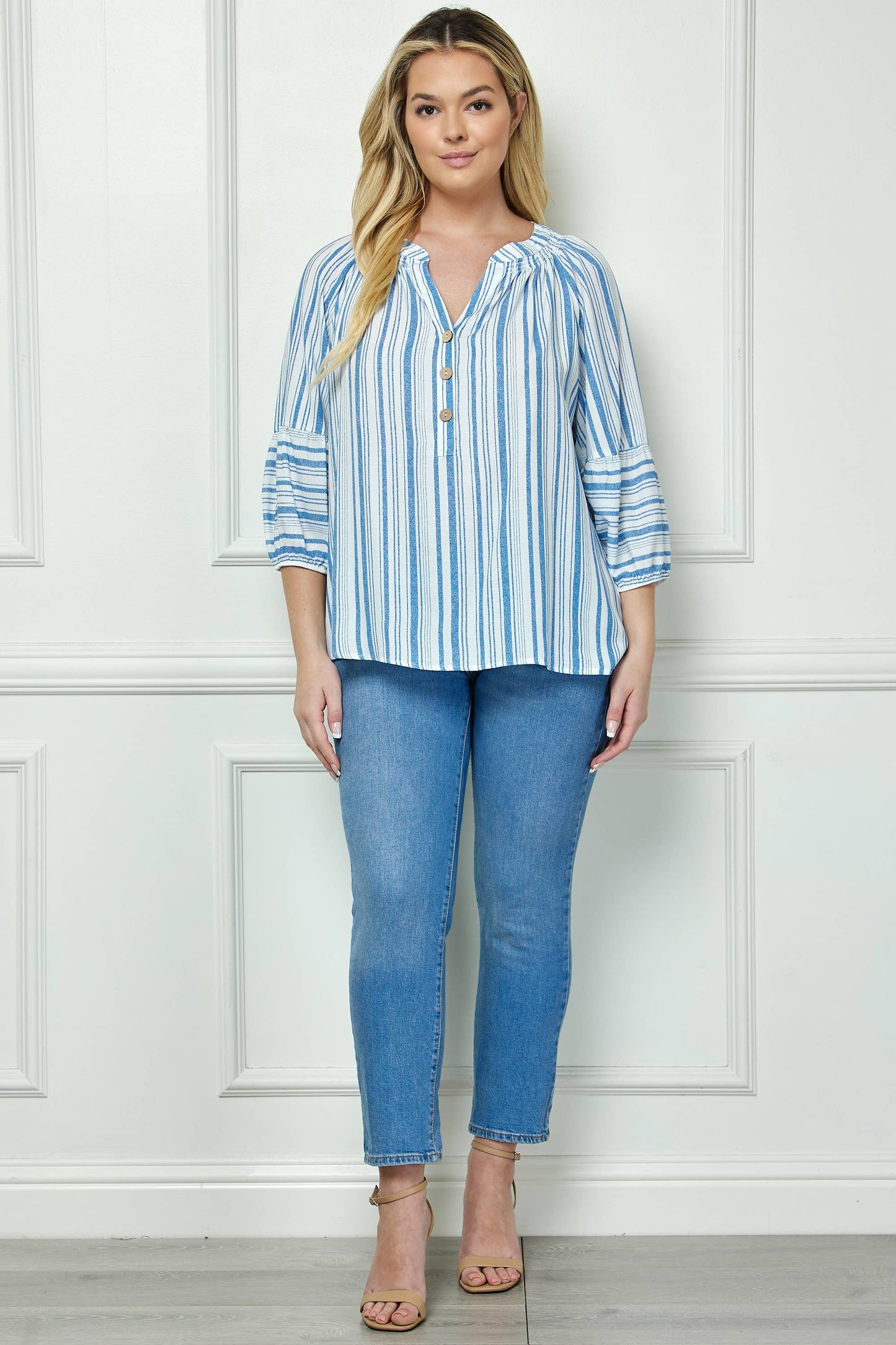 PLUS SIZE PRINTED & STRIPED MIX BOHO PEASANT BLOUSE