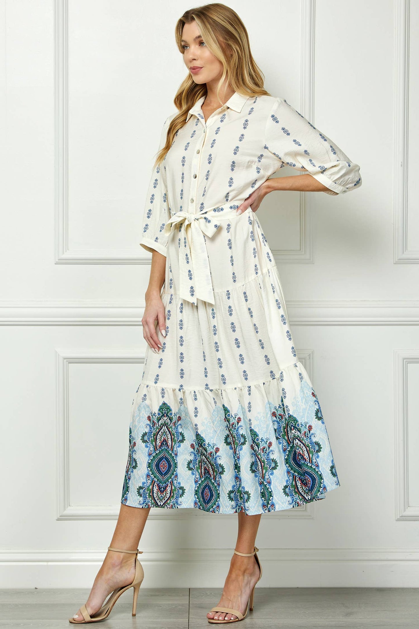 IVORY BLUE ETHNIC MOTIFS PRINT DRESS 