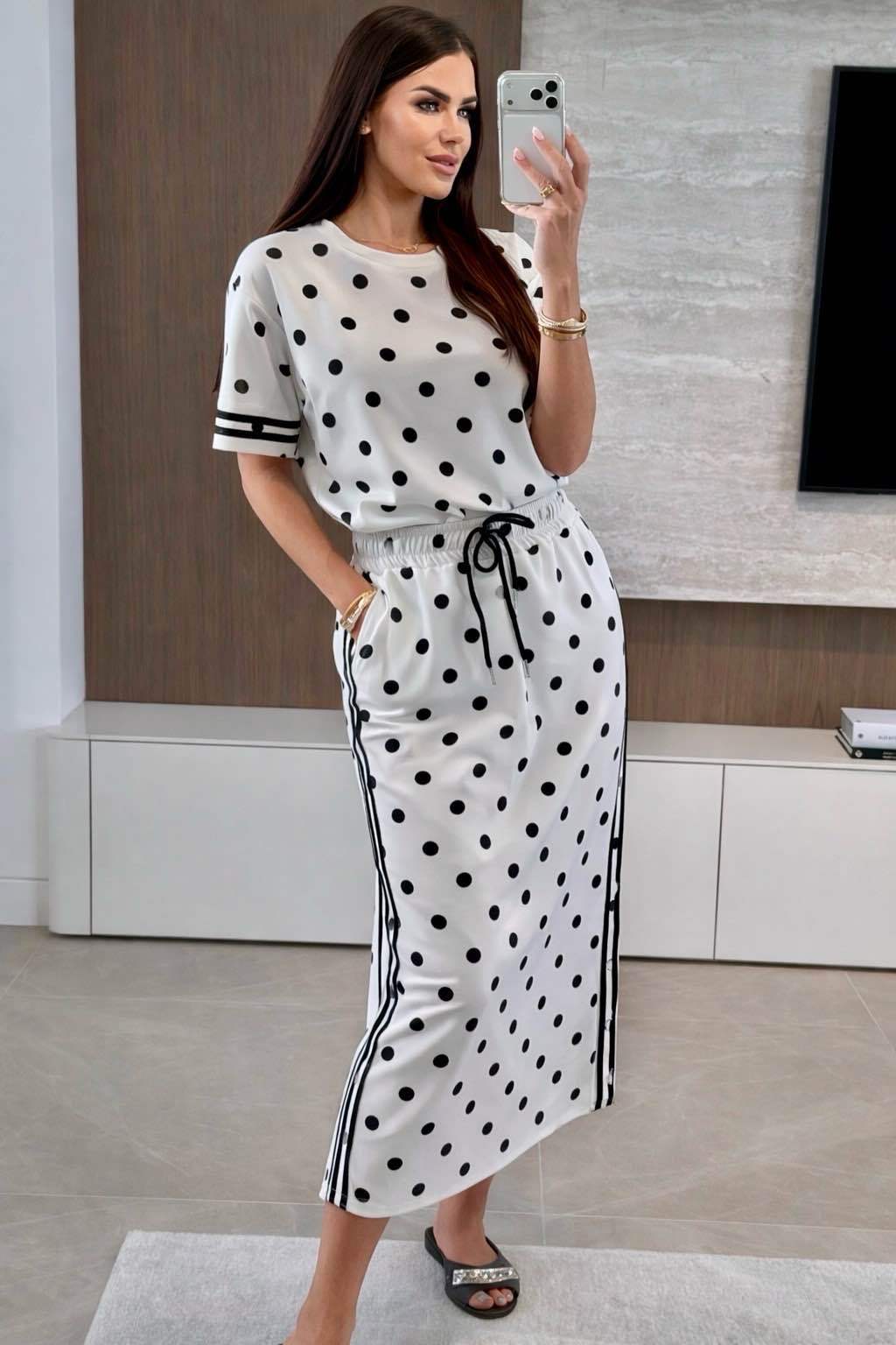 Midi Skirt and Polka-Dot Top Set – Sporty-Chic Band Details