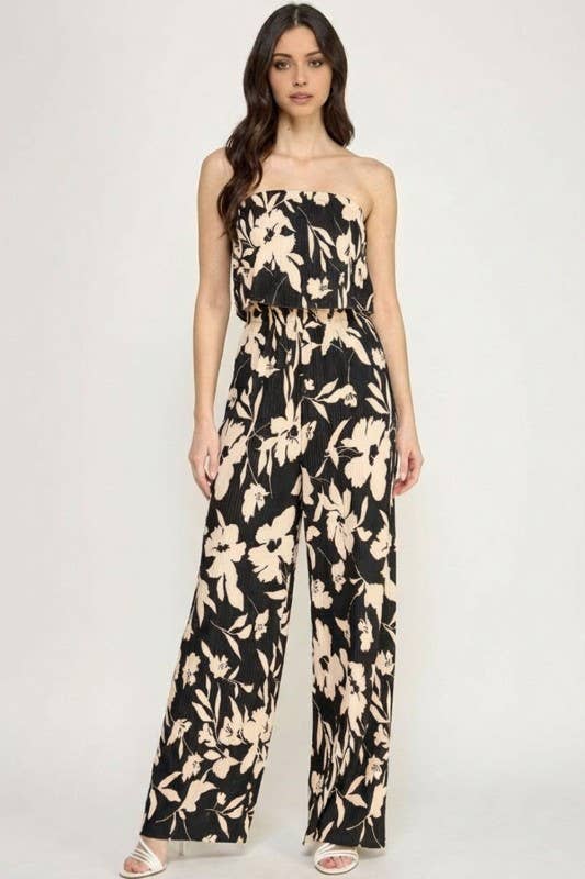 FLORAL PRINT CRINKLE OFF SHOULDER JUMPSUIT