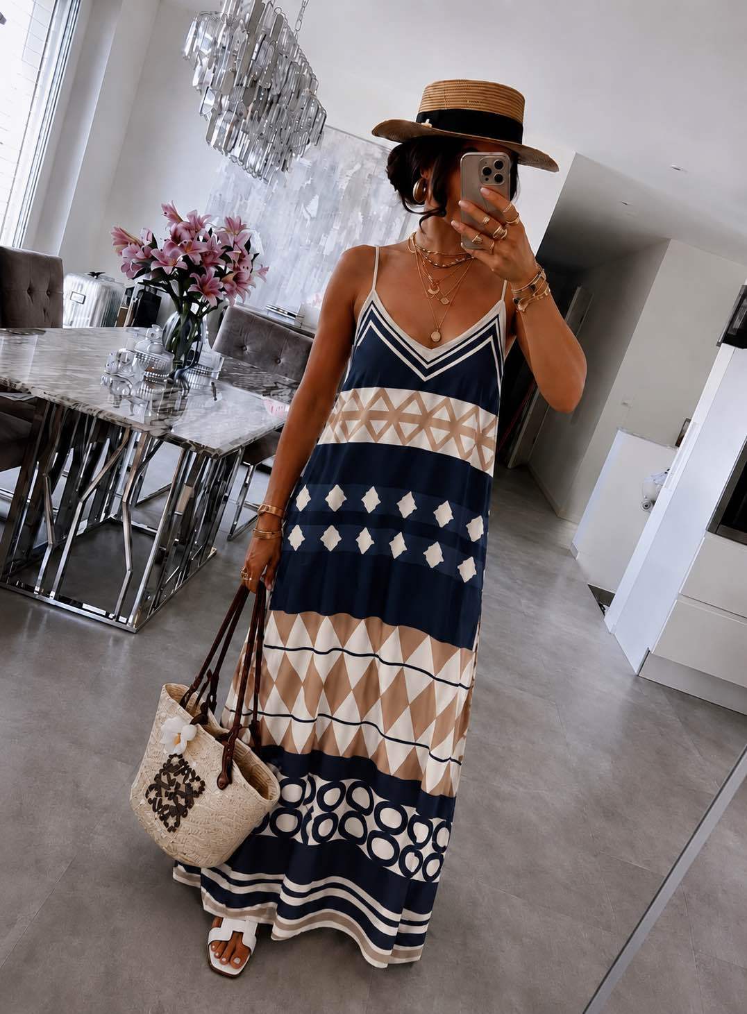 Flowing bohemian dress with geometric print