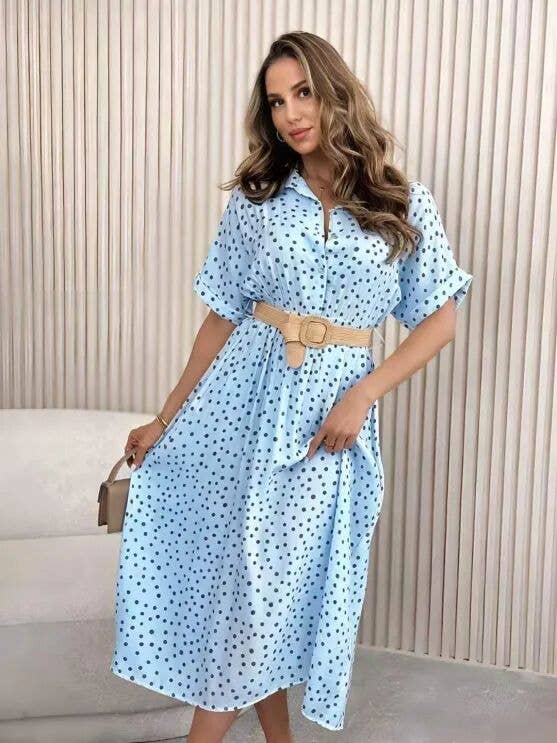 Polka Dot Shirt Dress with Raffia Belt