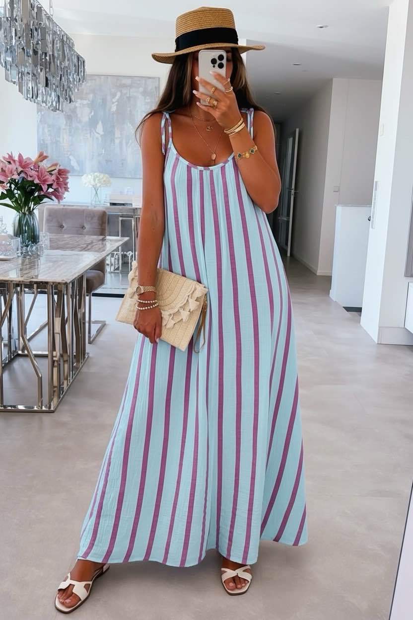 Italian Long Striped Cotton Gauze Spaghetti-Strap Dress
