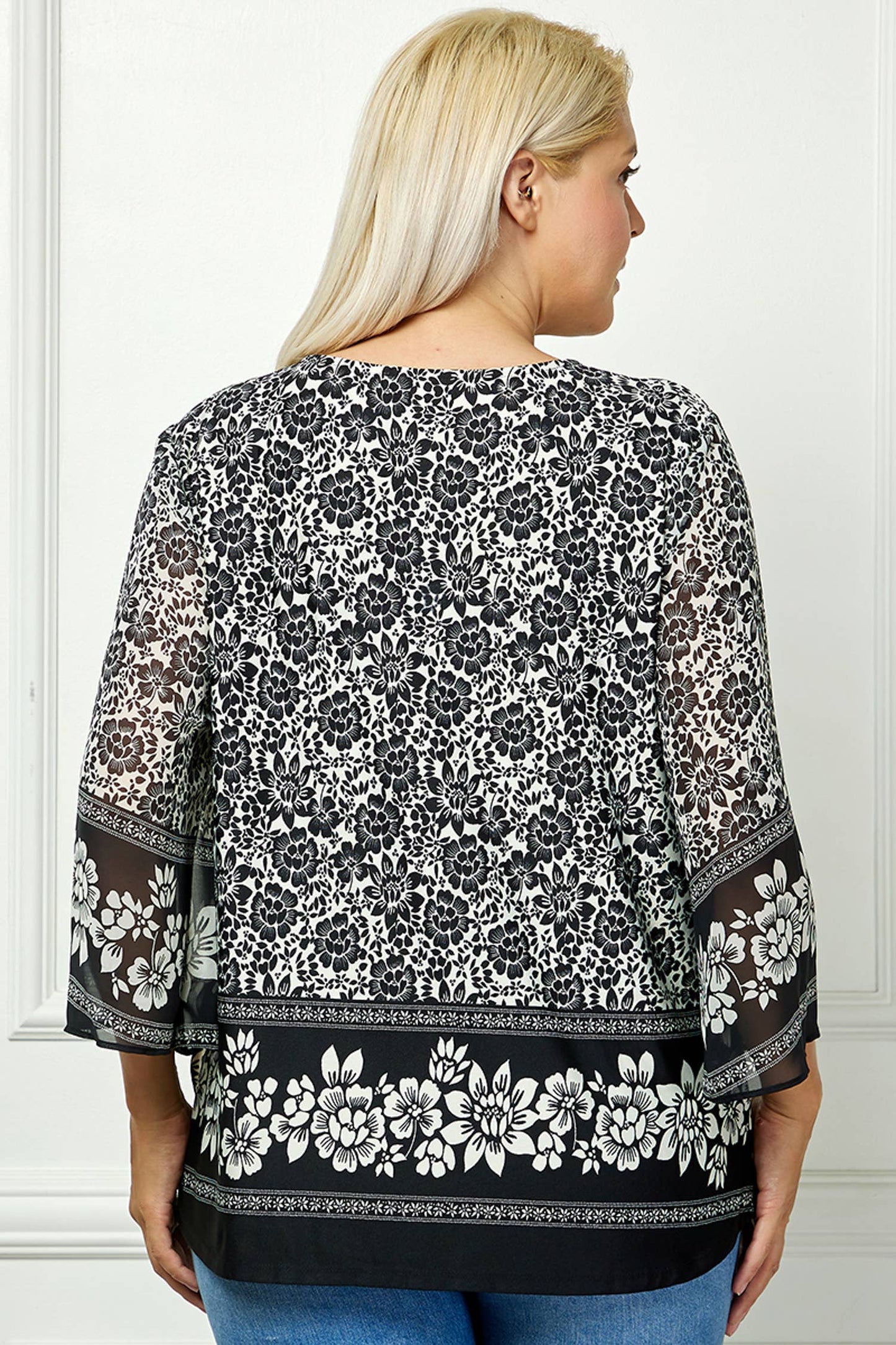 PLUS SIZE BLOOMING GRACE FLORAL JEWEL NECK BLOUSE