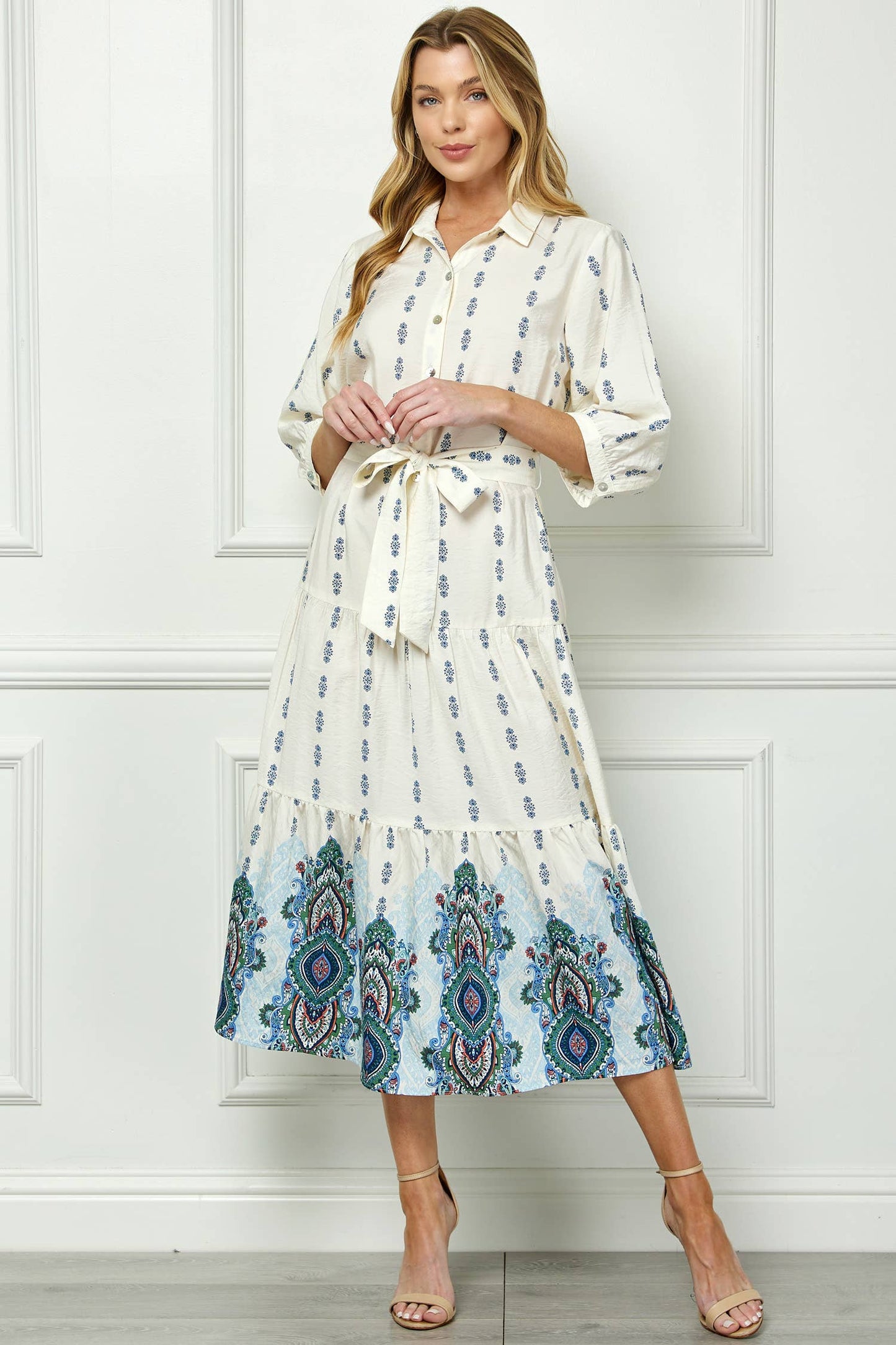  IVORY BLUE ETHNIC MOTIFS PRINT DRESS 