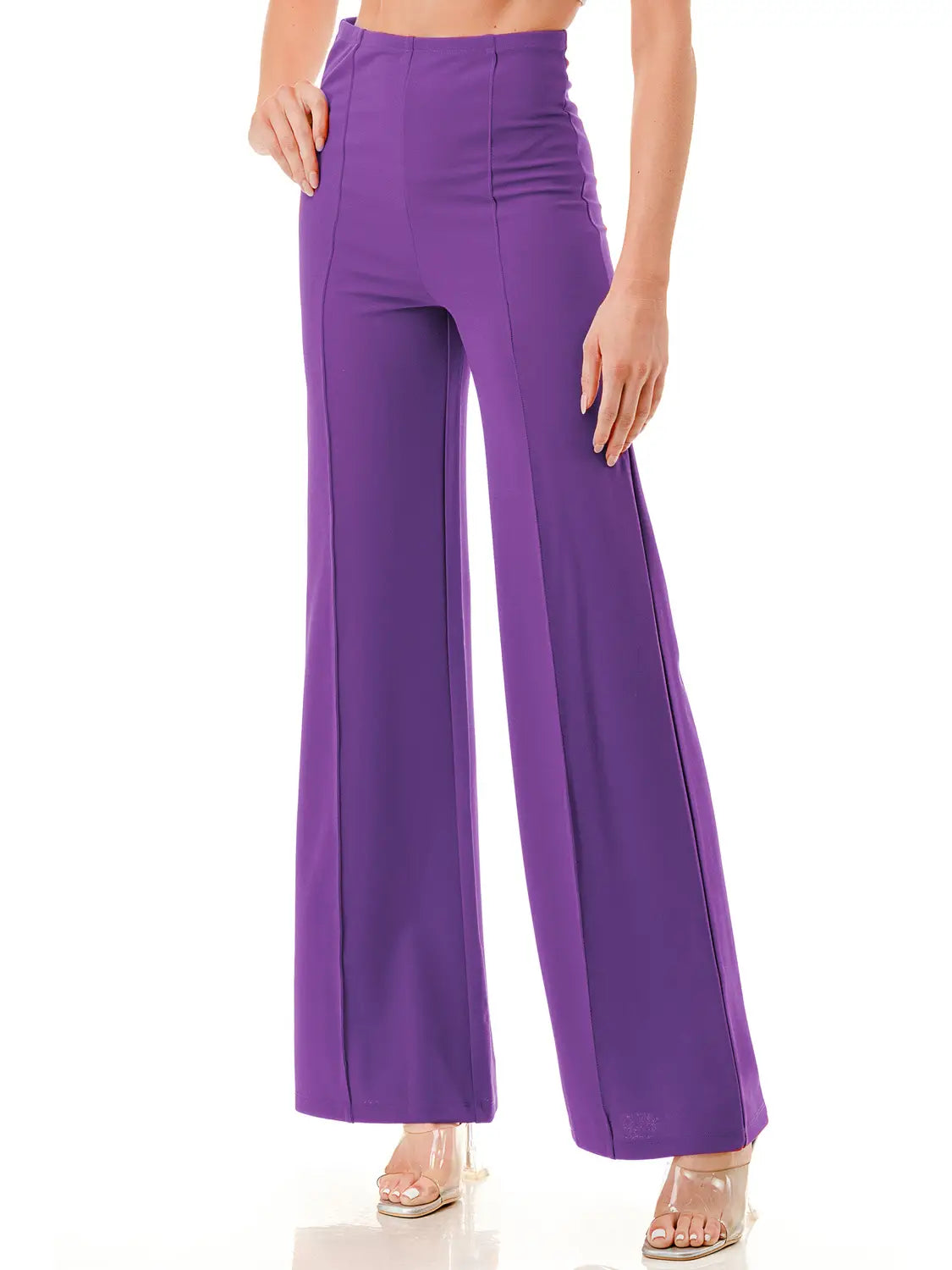 Solid Color Wide Leg High Waist Dressy Pants with Trim Line