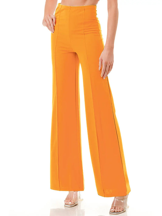 Solid Color Wide Leg High Waist Dressy Pants with Trim Line