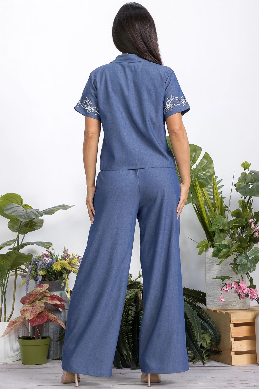 Women's Denim Crop Top and Pants Set