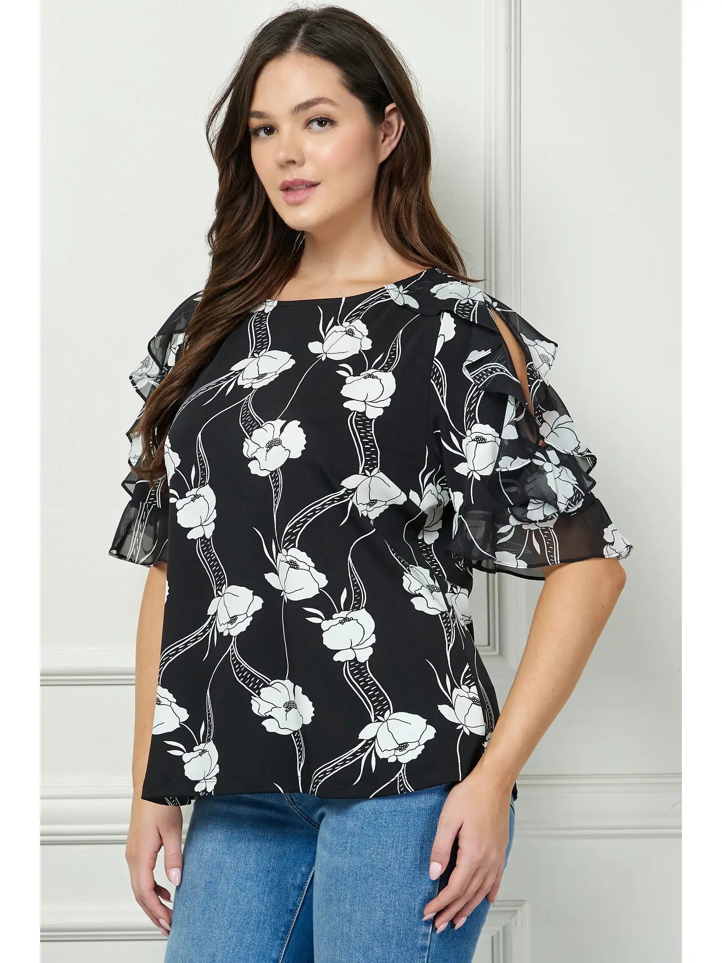 Boat neck ruffle blouse
