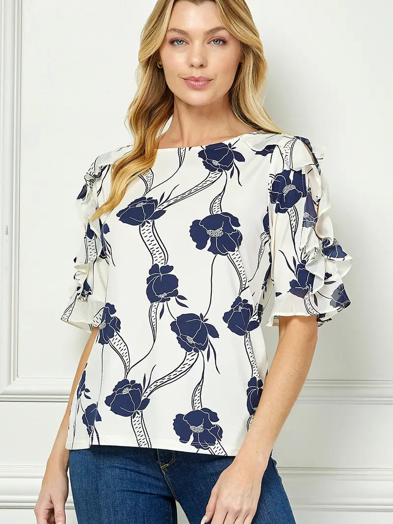 Boat neck ruffle blouse