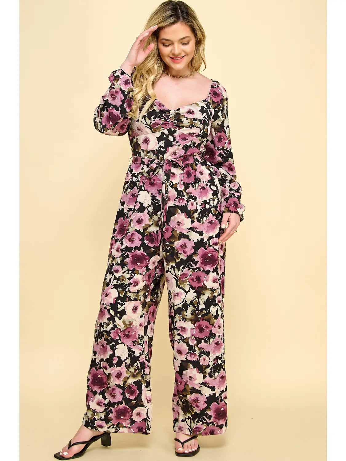 Plus Size Long Sleeve Floral Jumpsuit