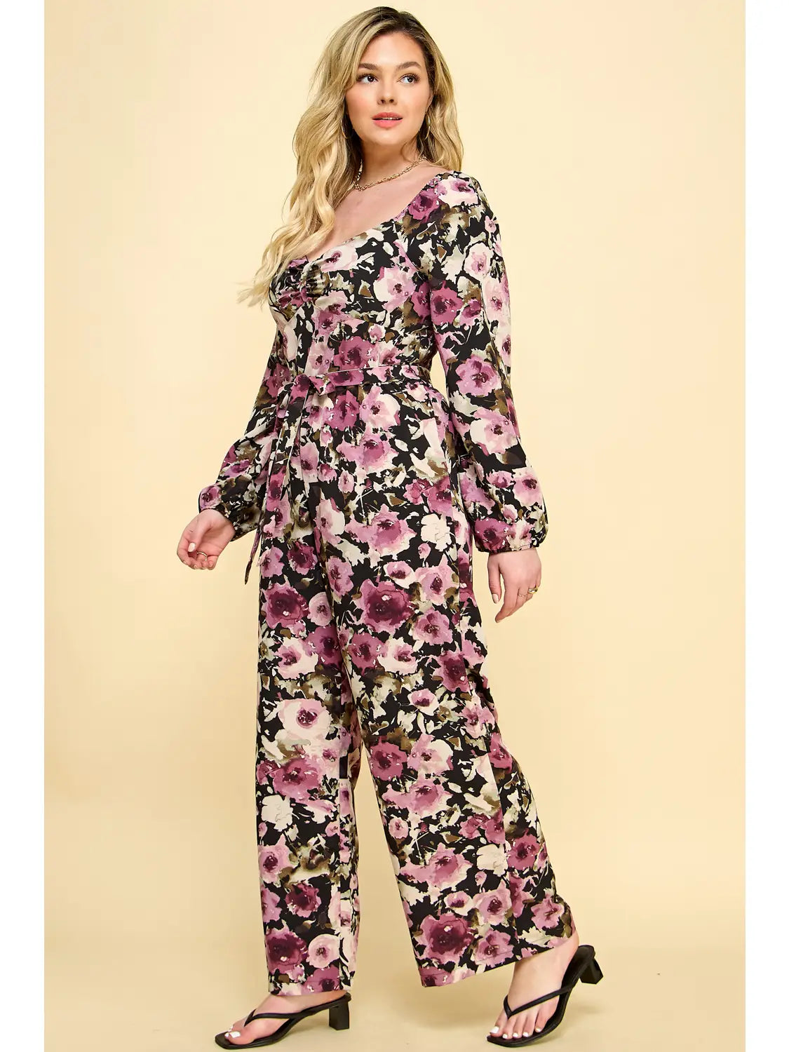 Plus Size Long Sleeve Floral Jumpsuit