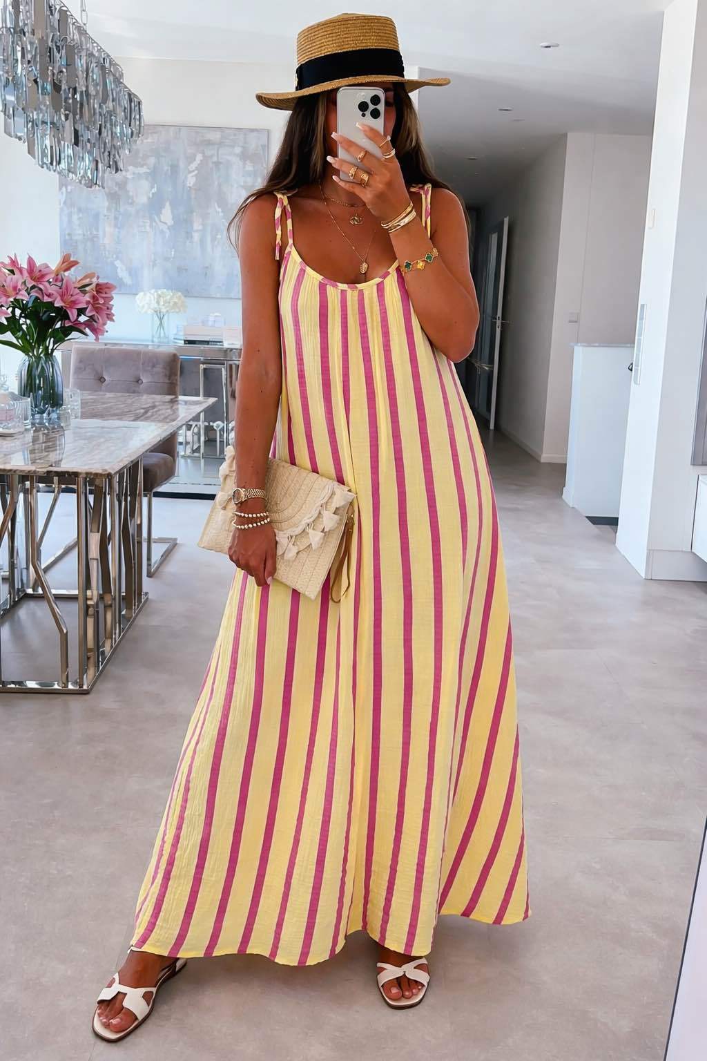 Italian Long Striped Cotton Gauze Spaghetti-Strap Dress