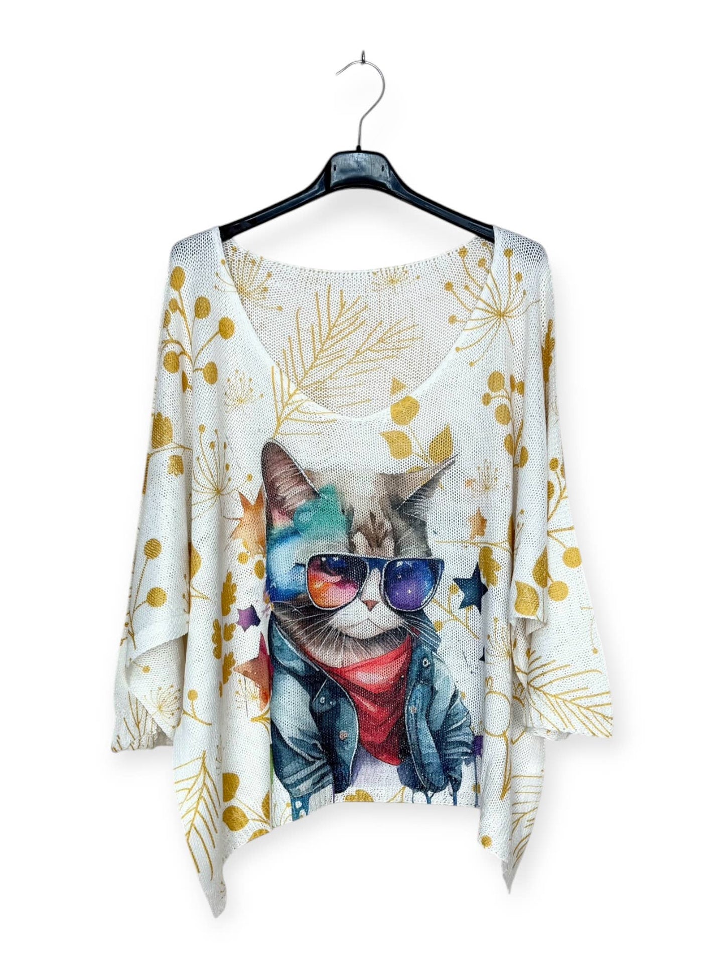 Italian cat with sunglasses Printed knit sweater with V-neck