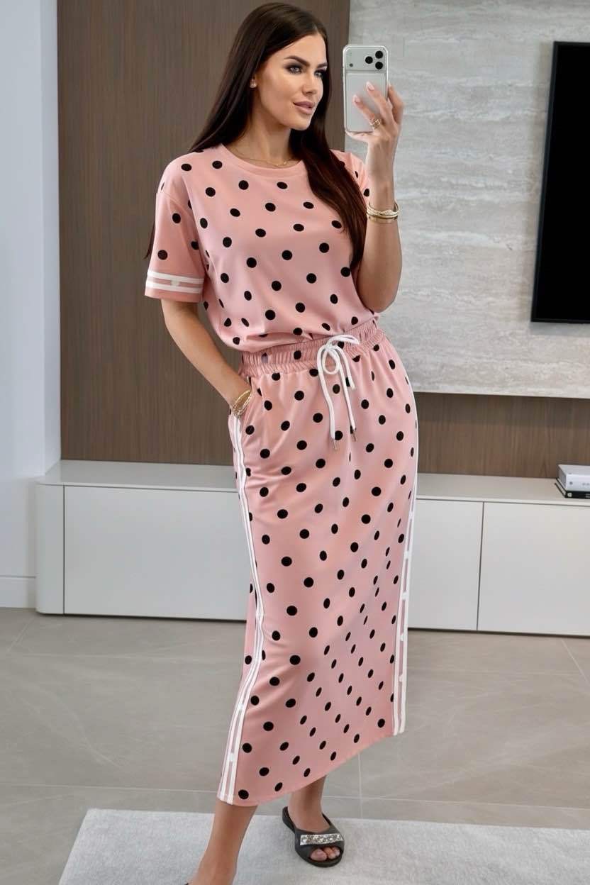 Midi Skirt and Polka-Dot Top Set – Sporty-Chic Band Details