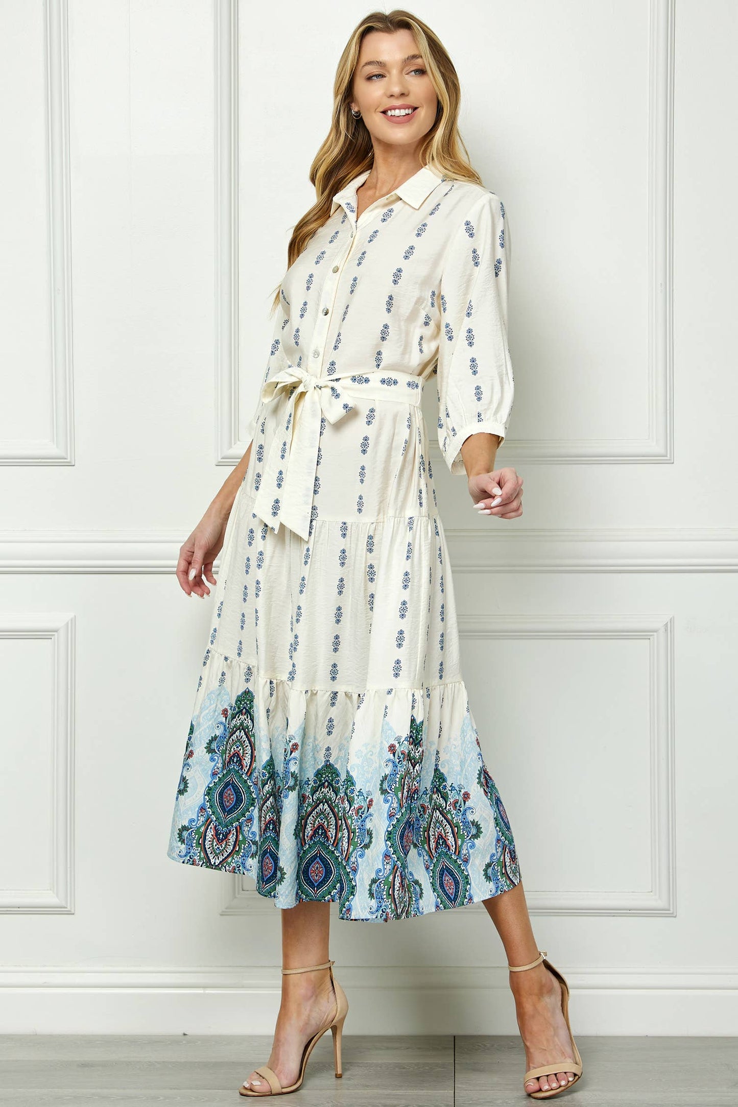  IVORY BLUE ETHNIC MOTIFS PRINT DRESS 