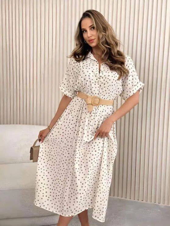 Polka Dot Shirt Dress with Raffia Belt