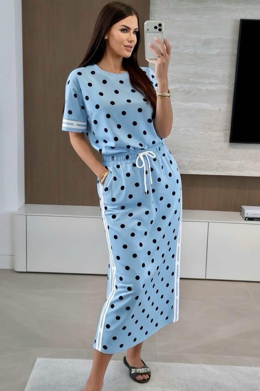 Midi Skirt and Polka-Dot Top Set – Sporty-Chic Band Details