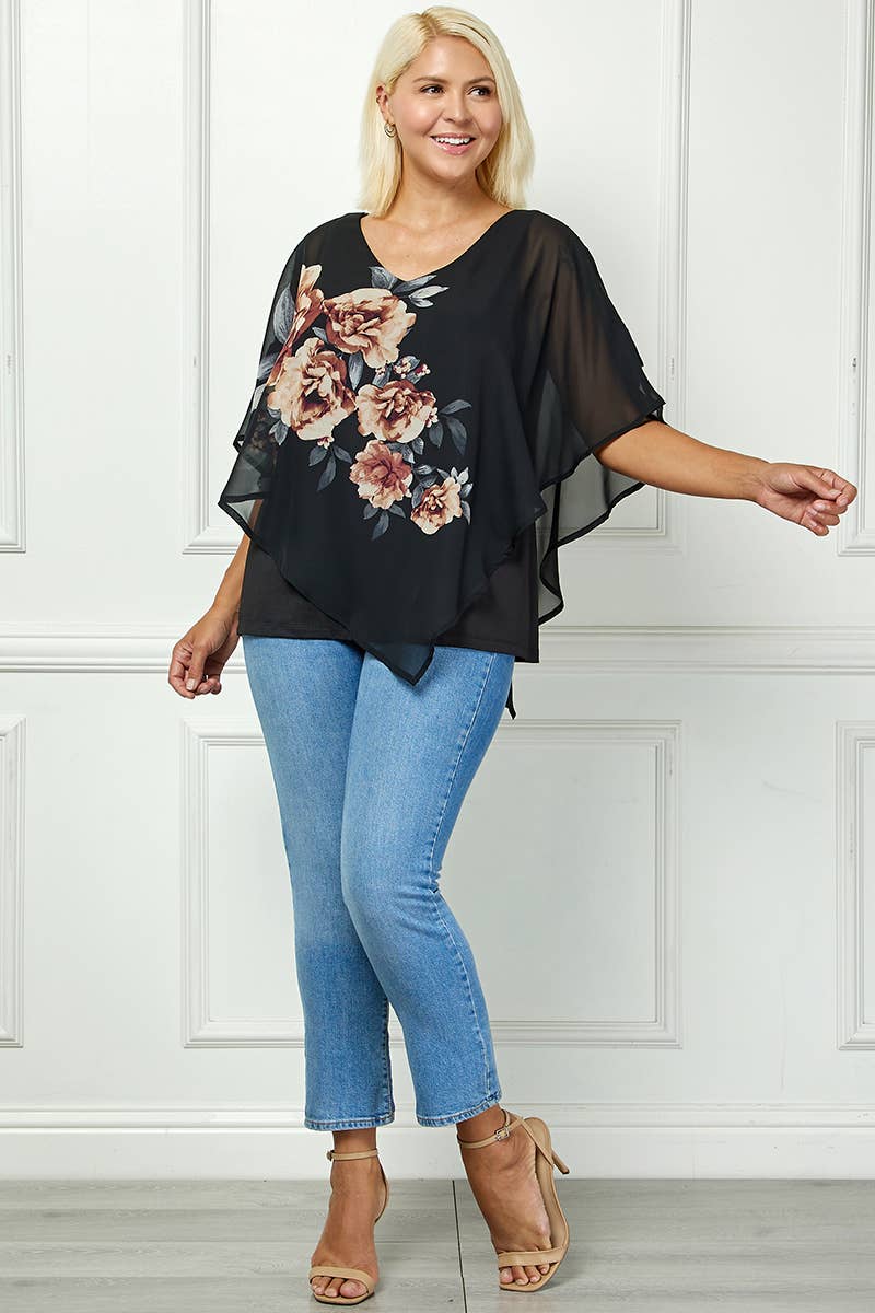 PLUS SIZE BLOOMING ELEGANCE PONCHO BLOUSE