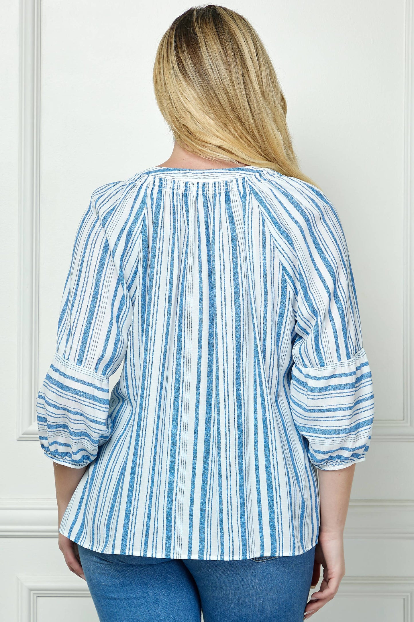 PLUS SIZE PRINTED & STRIPED MIX BOHO PEASANT BLOUSE