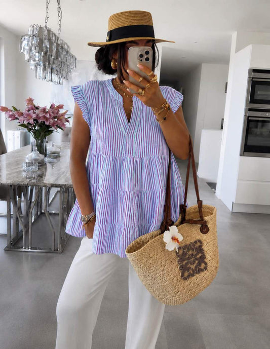 Italian Bohemian Striped Cotton Gauze Top – Loose Fit & Ruffles