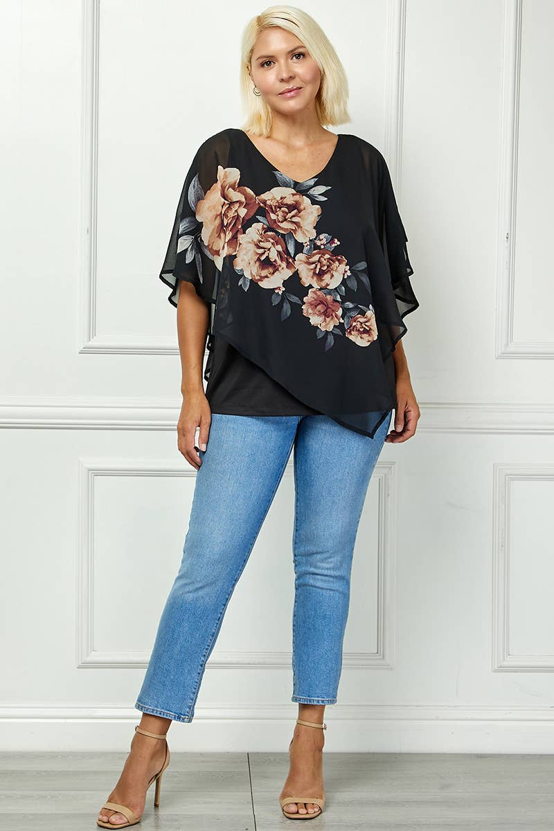 PLUS SIZE BLOOMING ELEGANCE PONCHO BLOUSE