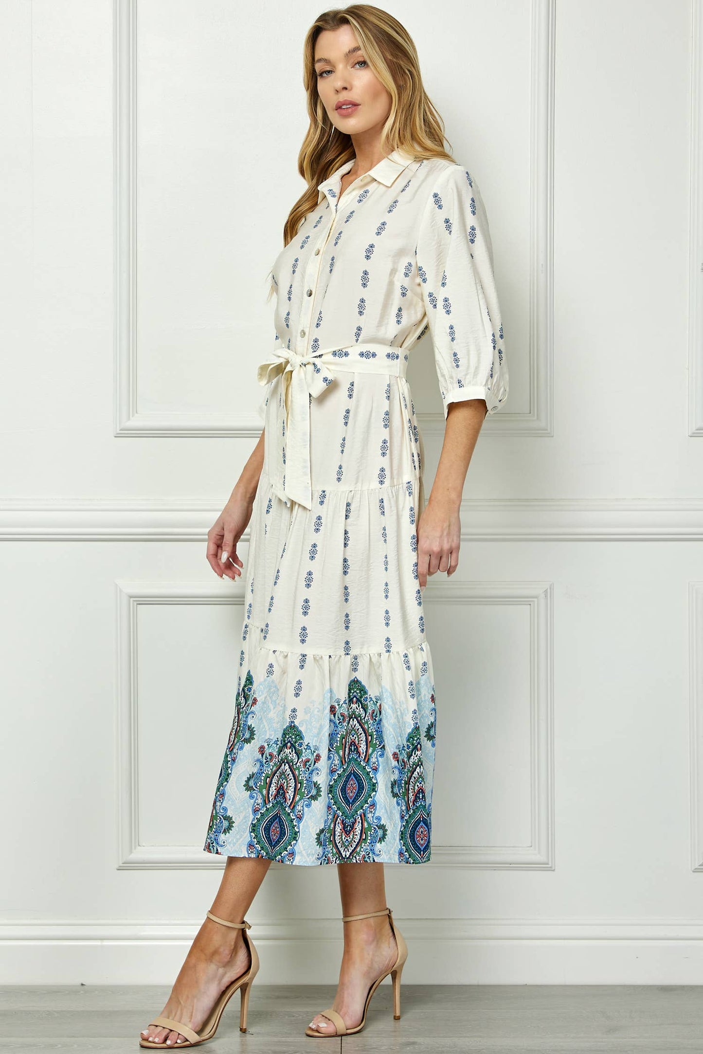  IVORY BLUE ETHNIC MOTIFS PRINT DRESS 
